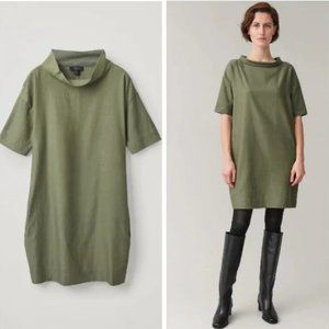 COS Wide Stand-Up Collar Relaxed Shift Tunic Dress Green
